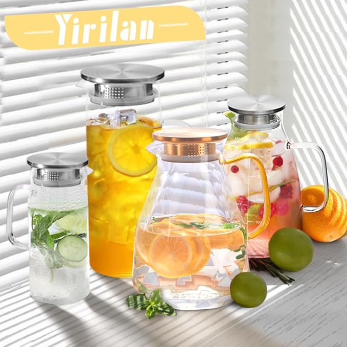 Yirilan Glass Pitcher,74oz/2.2 Liter Water Pitcher with Lid,Beverage Serveware,Iced Tea Pitcher,Water Carafe Handle,Heat Resistant Borosilicate Jug（with Mixing Spoon and Cup Brush）