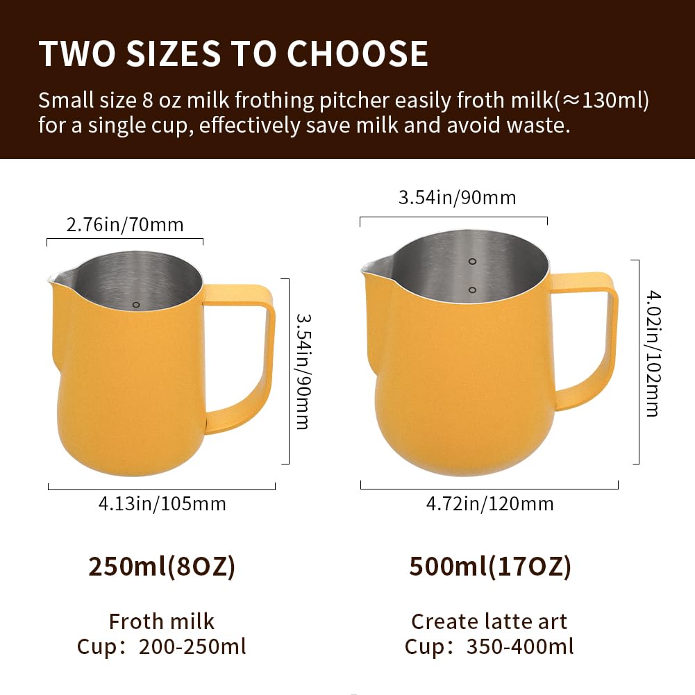watchget Milk Frothing Pitcher 500ml/17oz Espresso Steaming Pitcher with Matte Yellow Coating Stainless Steel Milk Steamer Jug Milk Frothing Cup, Yellow