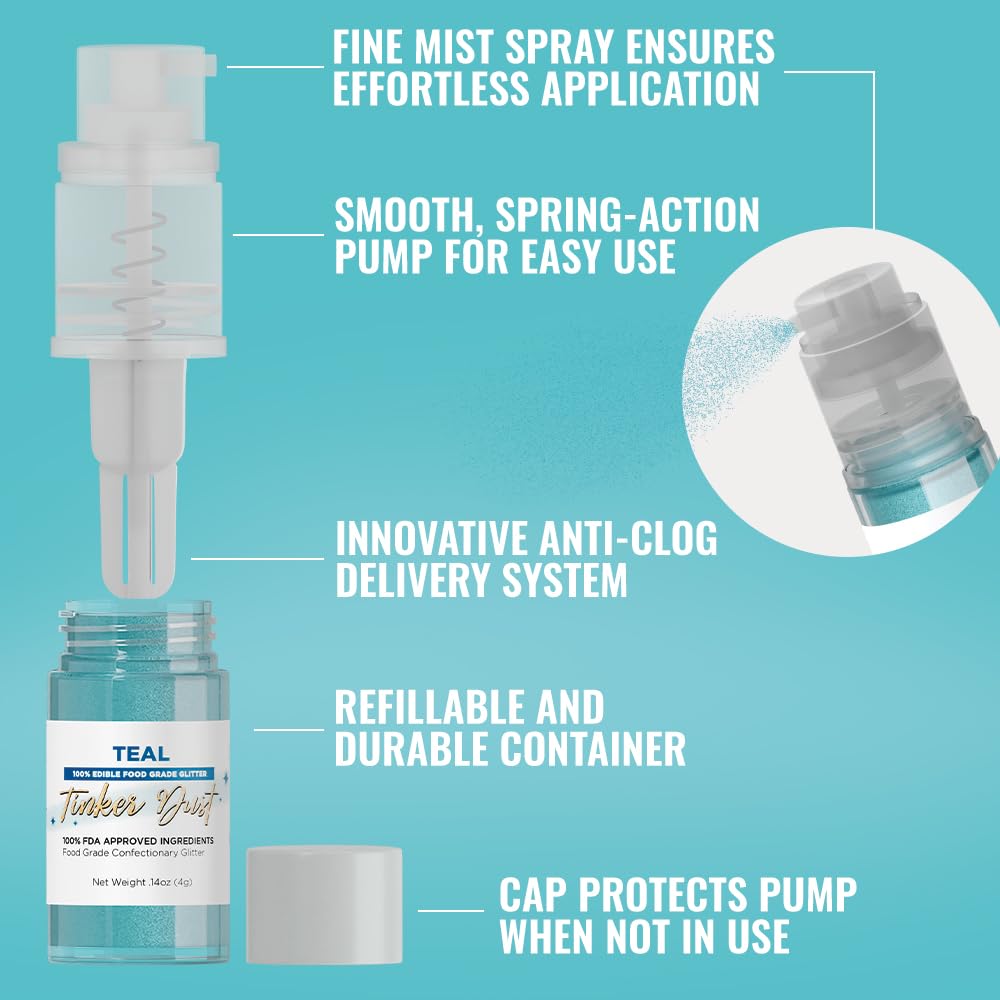 Bakell - Teal Tinker Dust (4g, 1x Mini Spray Pump) Edible Glitter for Food, Desserts, and Baked goods!