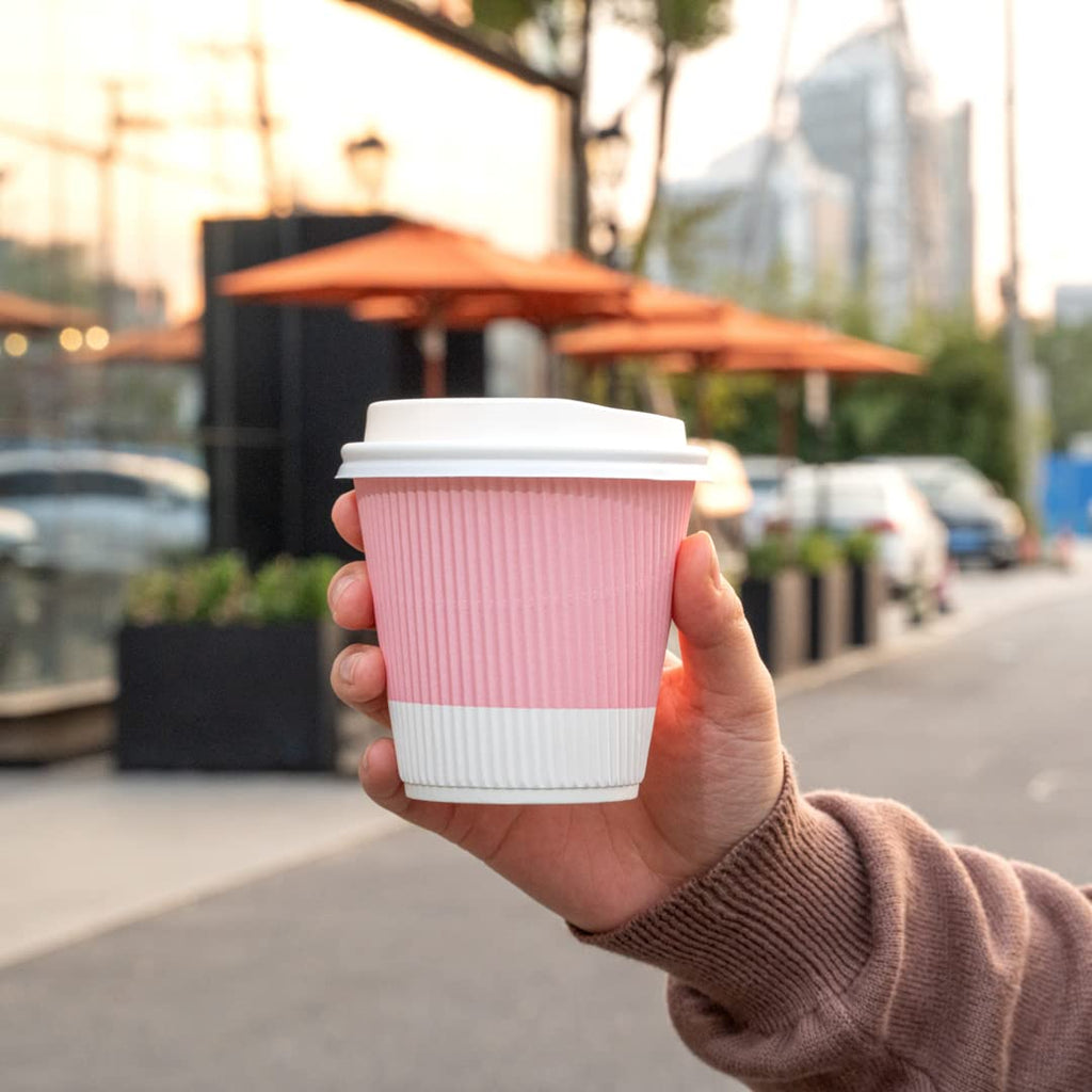 Restaurantware Ripple Wall Coffee Cups 25 Count 8 Ounce Insulated Light Pink Paper Cups, Rolled Rim Spill-Resistant Disposable Paper Non-Slip for Coffee, Beverages