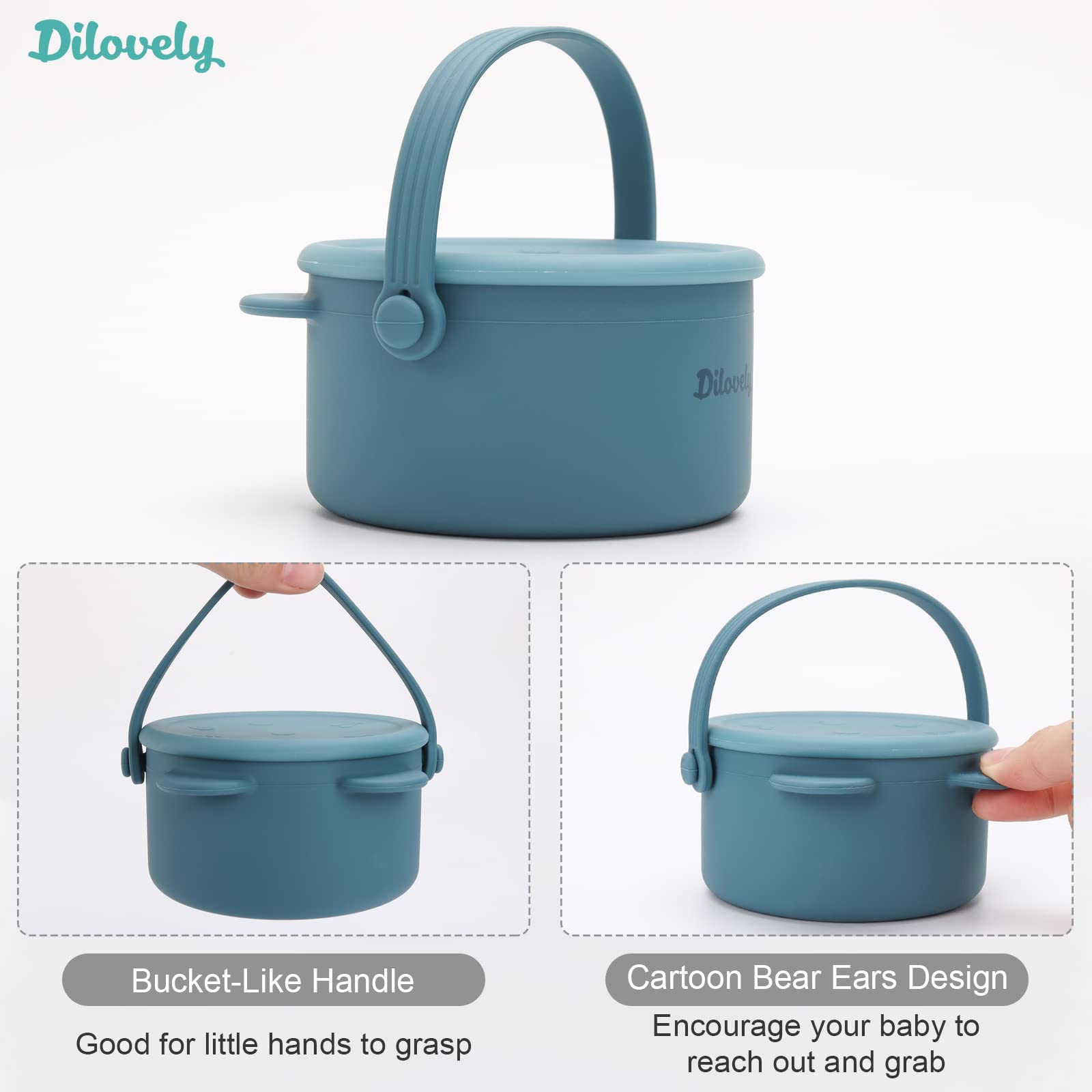 Dilovely Snack Cups for Toddlers, Baby Snack Containers, Silicone Toddler Snack Cups No Spill, Food Catcher with Lid & Bucket-like Handle, BPA Free & Dishwasher Safe, 9 Ounce Colonial Blue