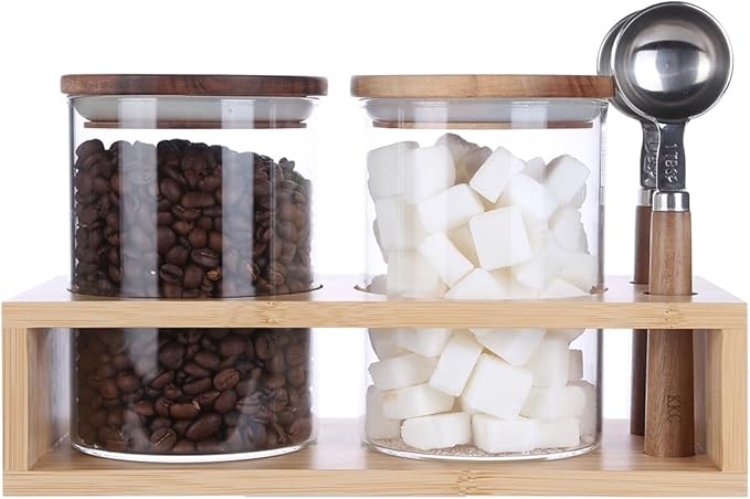 KKC HOME ACCENTS Vacuum Sealed Sugar Coffee Container set with Spoon for Countertop,Glass Sealed Jar Canisters with Wood Lids for Loose Leaf Tea,Sugar,Salt,25 Fluid-oz