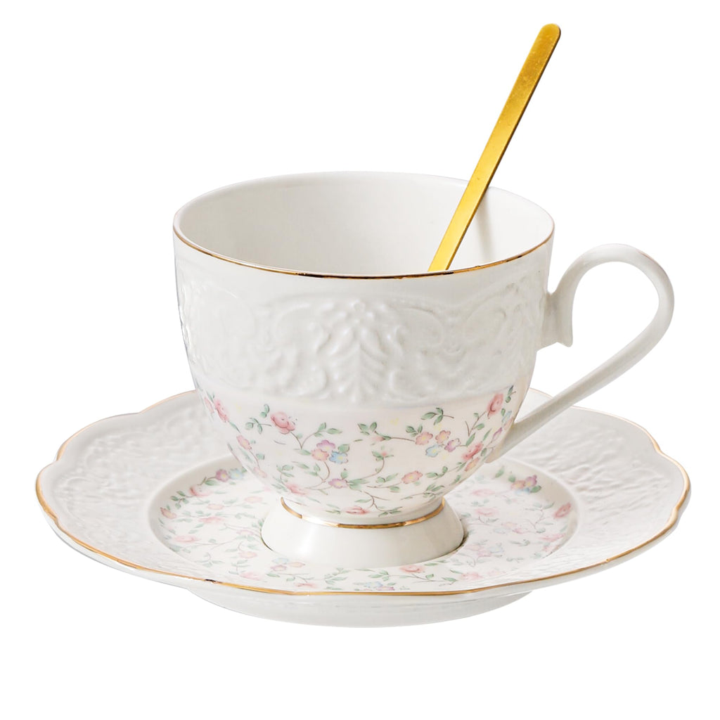 TATSUMI Interglio Embossed Bone China Tea Cup and Saucer Set, 3 Pieces Vintage Style Coffee Cup & Saucer Set For Women Wedding Gift (Starlight Pink, 1 set)