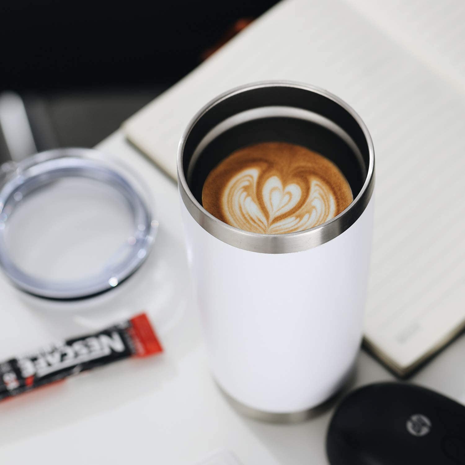 COMOOO 20oz White Tumbler Bulk with Straw Stainless Steel Insulated Coffee Tumbler Cups Double Wall Vacuum Travel Coffee Mug with Splash Proof Sliding Lid for Hot Cold Drinks (White, 4 Pack)