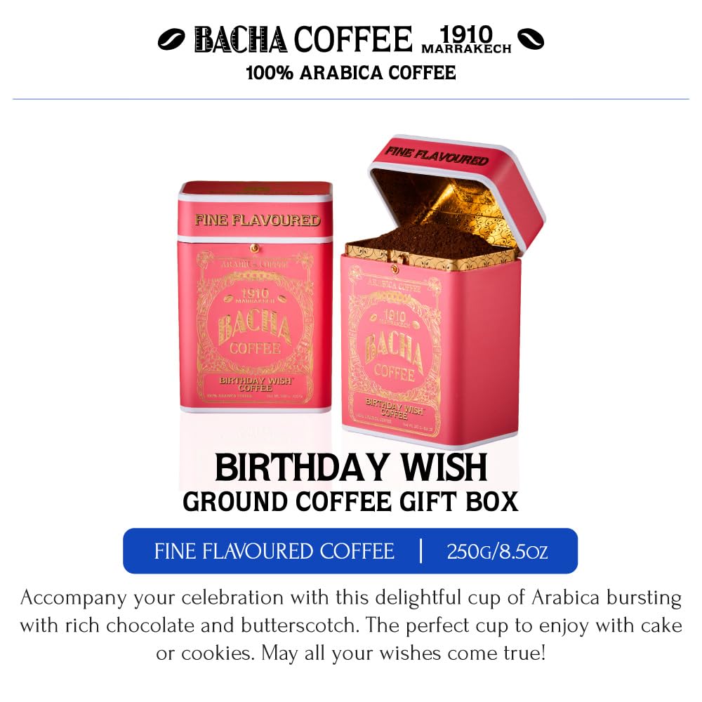 Bacha Coffee | Birthday Wish Fine Flavoured, Ground Beans, Medium Roast, 100% Arabica Specialty Coffee, 250g Signature Nomad Collection, Gift Box