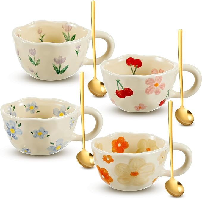 Vesici 4 Styles Cute Ceramic Flower Coffee Mug Set 8. 5 oz Vintage Aesthetic Porcelain Floral Tea Coffee Cup with Handle Dishwasher Microwave Safe for Woman Girls Gifts