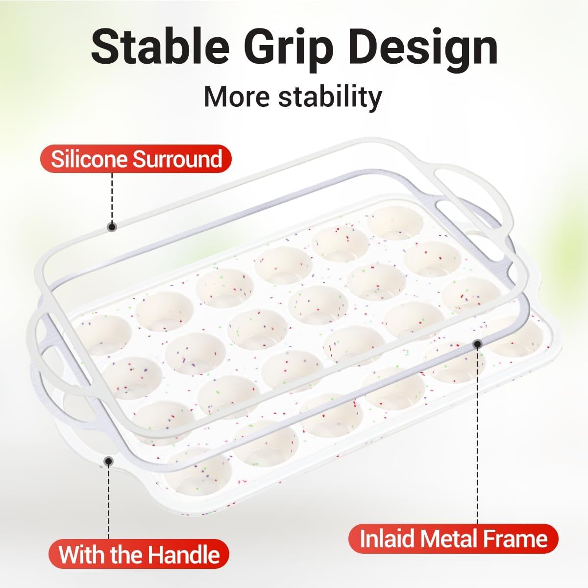 FUNBAKY Silicone Mini Muffin Pan, Metal Reinforced Frame 24 Cups Nonstick Mini Cupcake Pans with Handles Easy to Move for Baking Muffin, Cupcake, Egg Bites Oven Safe, Silicone Molds 2 Pack Confetti