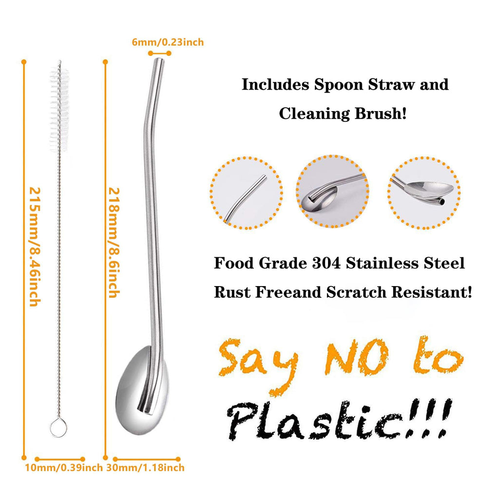 Sorfia 8pcs 2 in 1 Stainless Steel Straws Spoons with 2pcs Cleaning Brushes