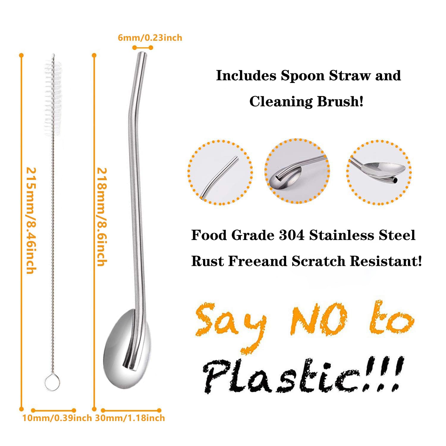 Sorfia 8pcs 2 in 1 Stainless Steel Straws Spoons with 2pcs Cleaning Brushes
