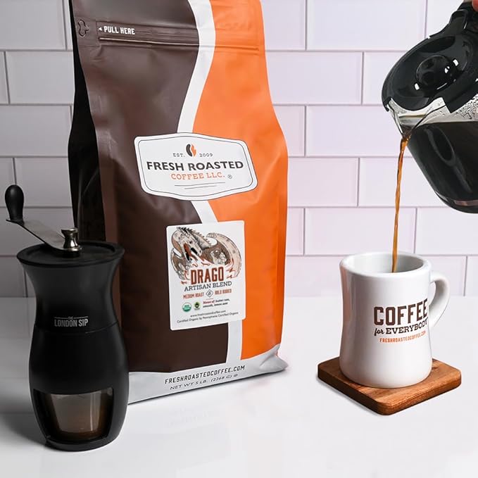 Fresh Roasted Coffee, Organic Drago Café Blend | USDA Organic, Kosher | Medium Roast 5 lb (80 oz) Whole Bean