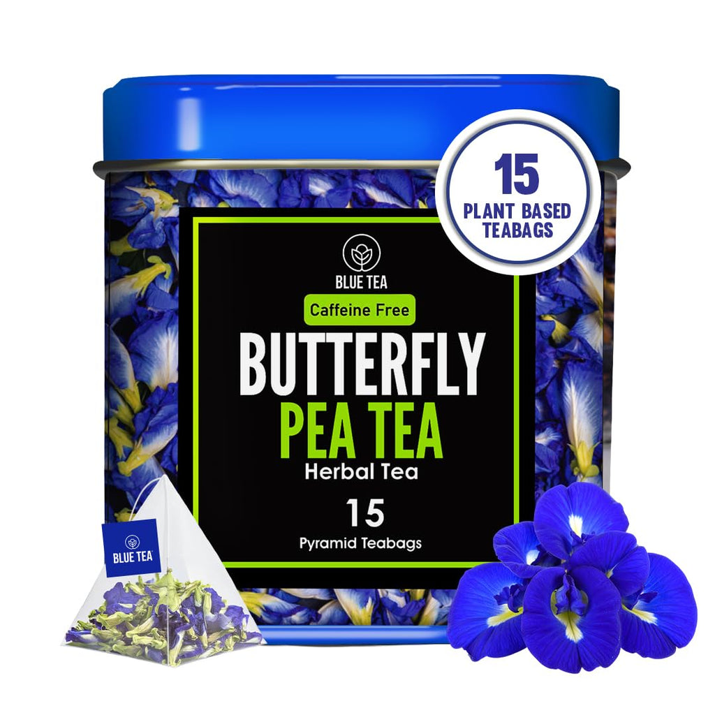 BLUE TEA - Butterfly Pea Flower Tea - 15 Count - Pyramid Plant Based Tea Bag | ANTIOXIDANT RICH | Herbal Tea - Caffeine Free - Detox Tea - Flower Based - Non Bitter | Reusable Tin Pack