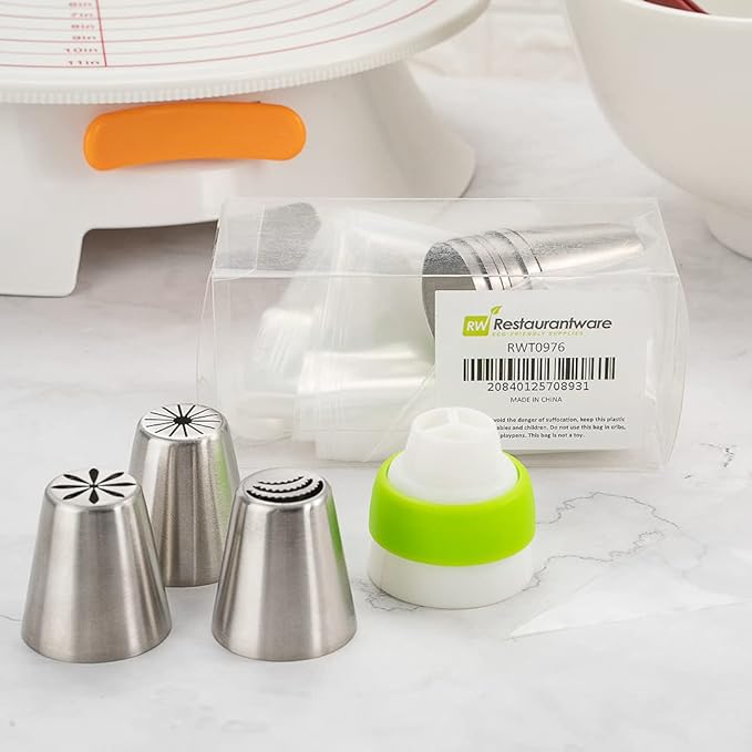 Restaurantware Pastry Tek Russian Piping Tips Set 20 Piece Durable Cake Decorating Kit - 9 Piping Tips 10 Piping Bags Stainless Steel Piping Bags And Tips Set 1 Tri-Color Coupler
