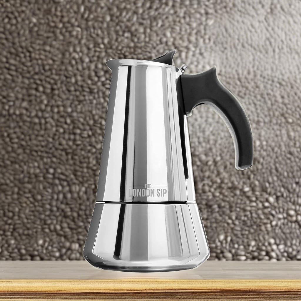 London Sip Stainless Steel Stovetop Espresso Maker Moka Pot Italian Coffee Percolator, Silver, 6 Espresso Cups