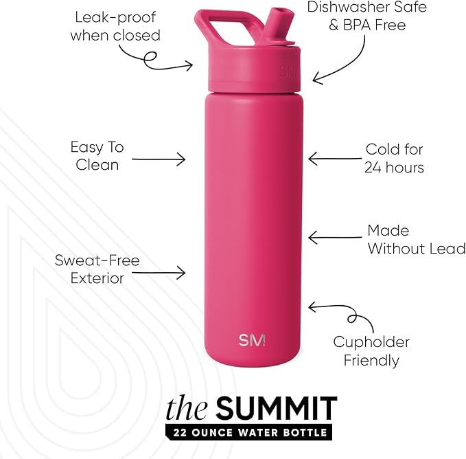 Simple Modern Water Bottle with Straw Lid | Vacuum Insulated Stainless Steel Metal | Reusable Leak Proof BPA-Free Cup for School | Summit Collection | 22oz, Berry Twist