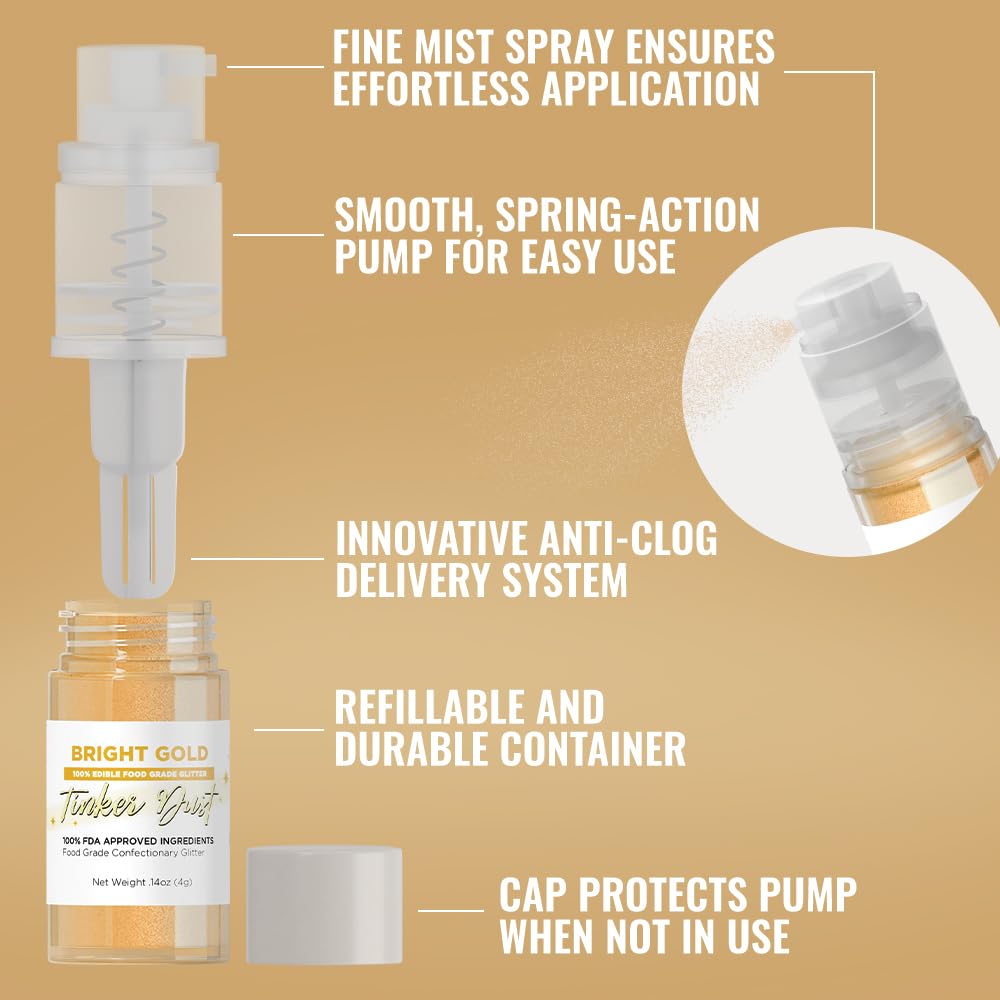 Bakell - Bright Gold Tinker Dust (4g, 1x Mini Spray Pump) Edible Glitter for Food, Desserts, and Baked goods!