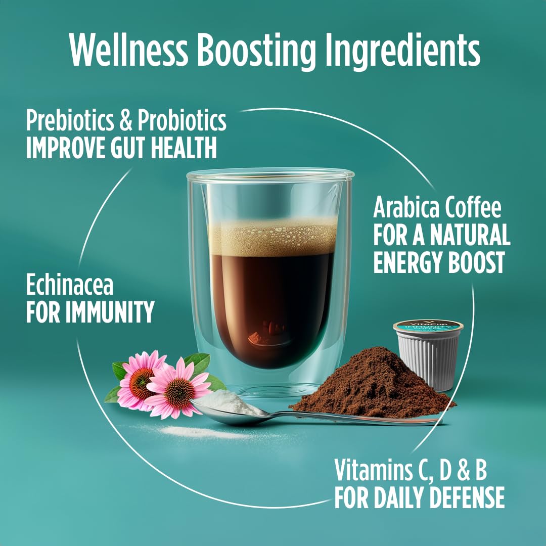 VitaCup Immunity Coffee Pods, Wellness Boost with Antioxidants, Echinacea, Probiotics, Vitamin C & D3, Medium Dark Roast, Single Serve Pod Compatible with Keurig K-Cup Brewers,64 Ct
