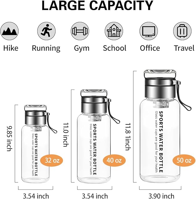 40 oz Glass Water Bottles - Large, Clear, Borosilicate Glass Water Bottle with Stainless Tea Infuser - Cup-Function Lid, Neoprene Sleeve, Strap - Wide Mouth BPA free, for Tea, Beverages, Juice