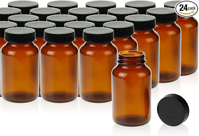 Wide Mouth Packer Bottle, Amber Glass, 200 ML (6.7 OZ) Capacity with 45-400 Black Polyethylene Screw Cap Lined PE Septa, Package of 24 Units