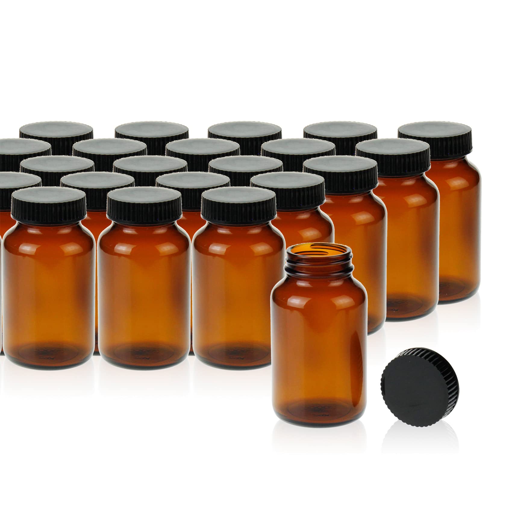 PEKYBIO 24 Pack Amber Glass Wide Mouth Packer Bottle, 200ml (6.7oz) Capacity with Black Screw Cap for Essential Oils, Laboratory, Sample Storage, Spices, Jewelry