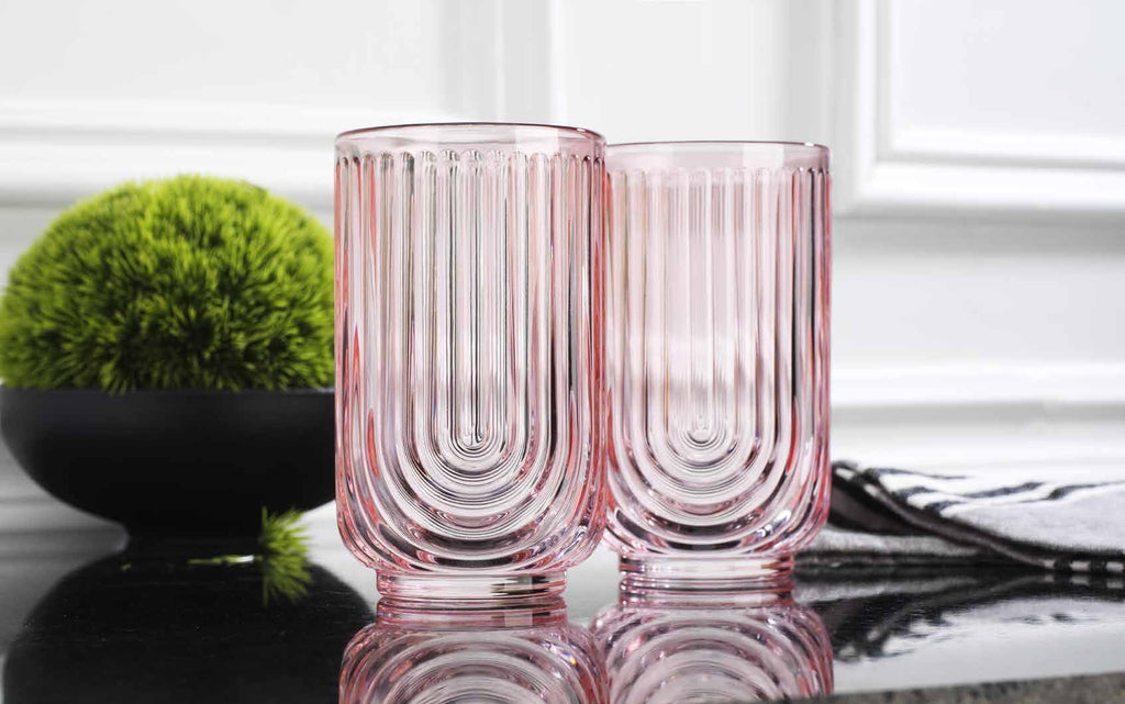 Glaver's Vintage Glassware Art Deco Glasses Ribbed Drinking Glasses U-Shape Arch Design Colored Cocktail Kitchen Tumblers Everyday Dinner Decorative Party Hand-Wash Only (Pink S/4 17oz)