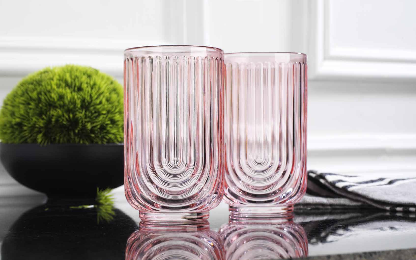 Glaver's Vintage Glassware Art Deco Glasses Ribbed Drinking Glasses U-Shape Arch Design Colored Cocktail Kitchen Tumblers Everyday Dinner Decorative Party Hand-Wash Only (Pink S/4 17oz)