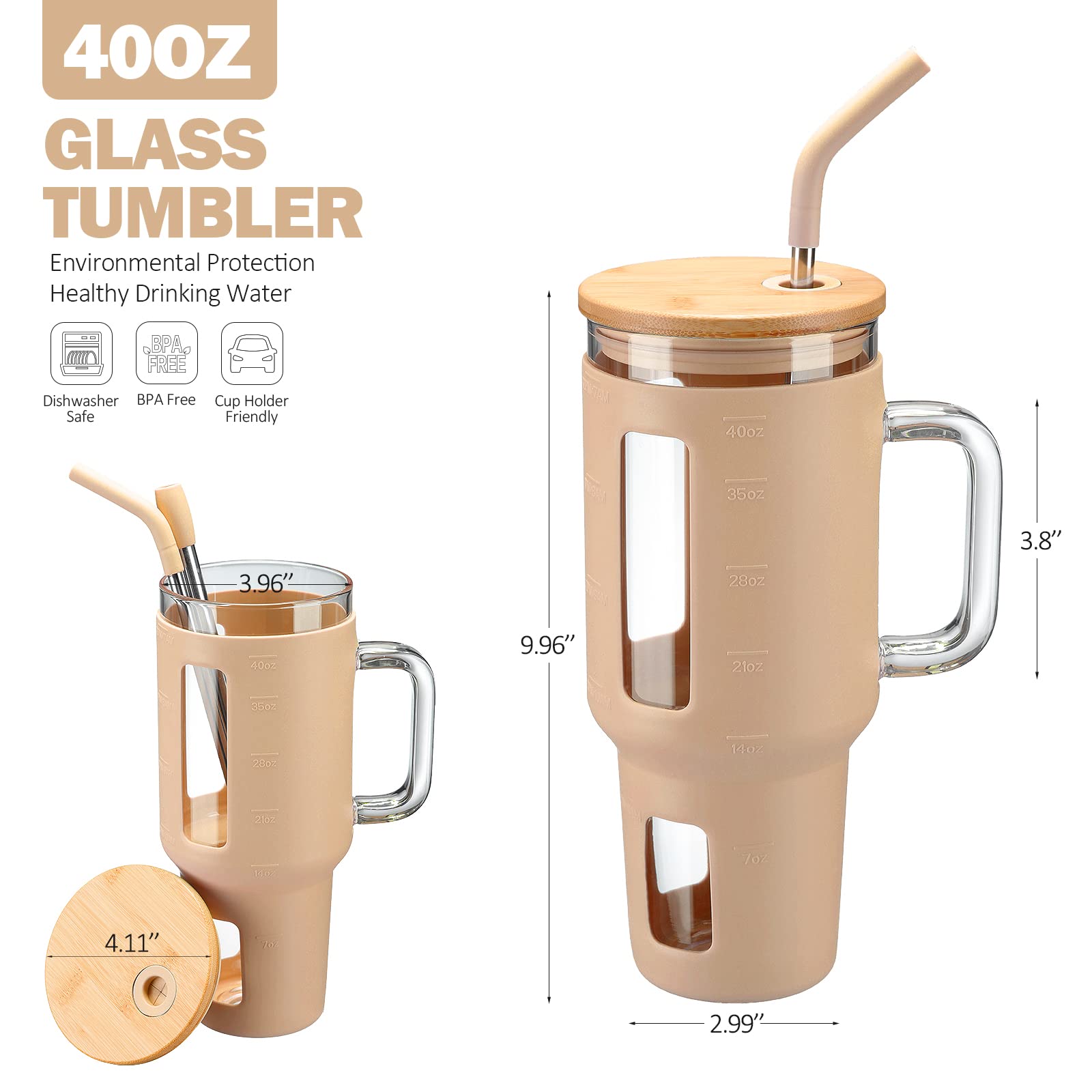 Kodrine 40 oz Glass Tumbler with Handle, Iced Coffee Tumbler with Straw and Bamboo Lid, Glass Drinking Cup with Silicone Sleeve Time Marker, Water Bottle Dishwasher Safe, Cup Holder Friendly, Amber