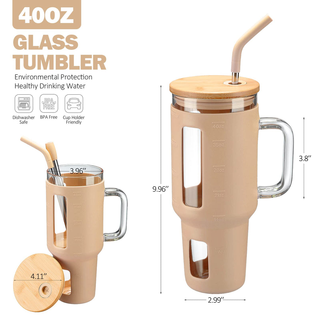 Kodrine 40 oz Glass Tumbler with Handle, Iced Coffee Tumbler with Straw and Bamboo Lid, Glass Drinking Cup with Silicone Sleeve Time Marker, Water Bottle Dishwasher Safe, Cup Holder Friendly, Amber