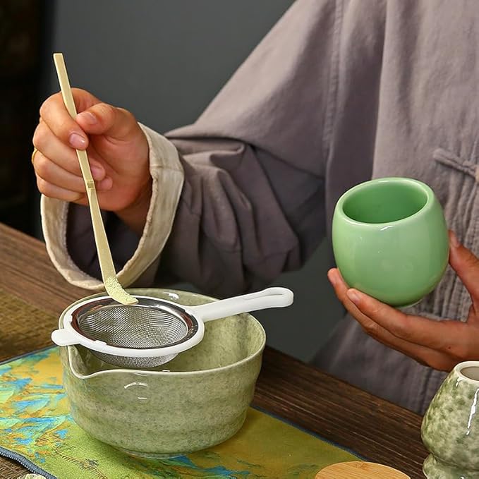 6-Piece Matcha Whisk Set, Japanese Bamboo Chasen, Scoop & Sifter, Traditional Ceremonial Kit with Ceramic Bowl, Whisk Holder Stand, Chakin Cloth (Green bamboo)