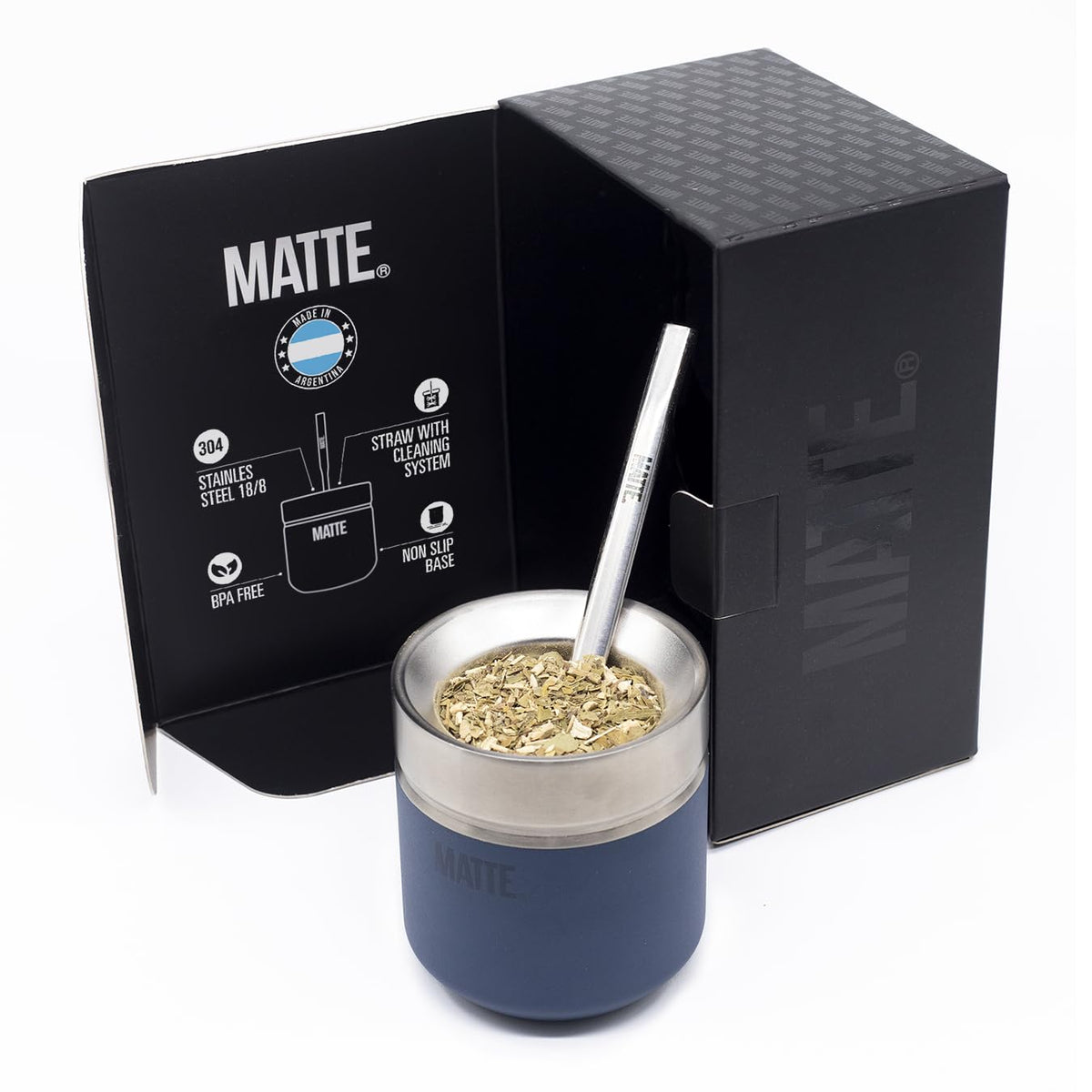 Matte 6.5 oz Yerba Mate Gourd and Bombilla Set - Includes DS Pro Box - BPA Free Yerba Mate Set Kit with Mate Straw, Elegant Design, Non-Slip Base (White)