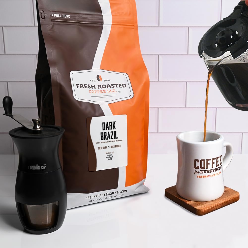 Fresh Roasted Coffee, Dark Brazil Drip Ground Coffee, Med-Dark Roast, Kosher, 5 lb (80 oz)
