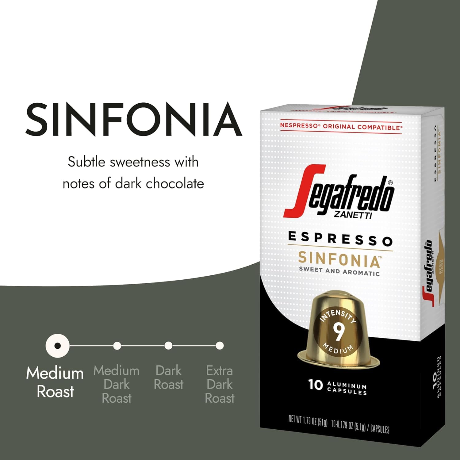 Segafredo Zanetti Espresso Capsules – Aluminum Pods for Nespresso Original Machines – Medium Roast Premium Espresso with a Sweet Aroma – Subtle, Intensity 9 – Sinfonia, 10 Count (Pack of 4)