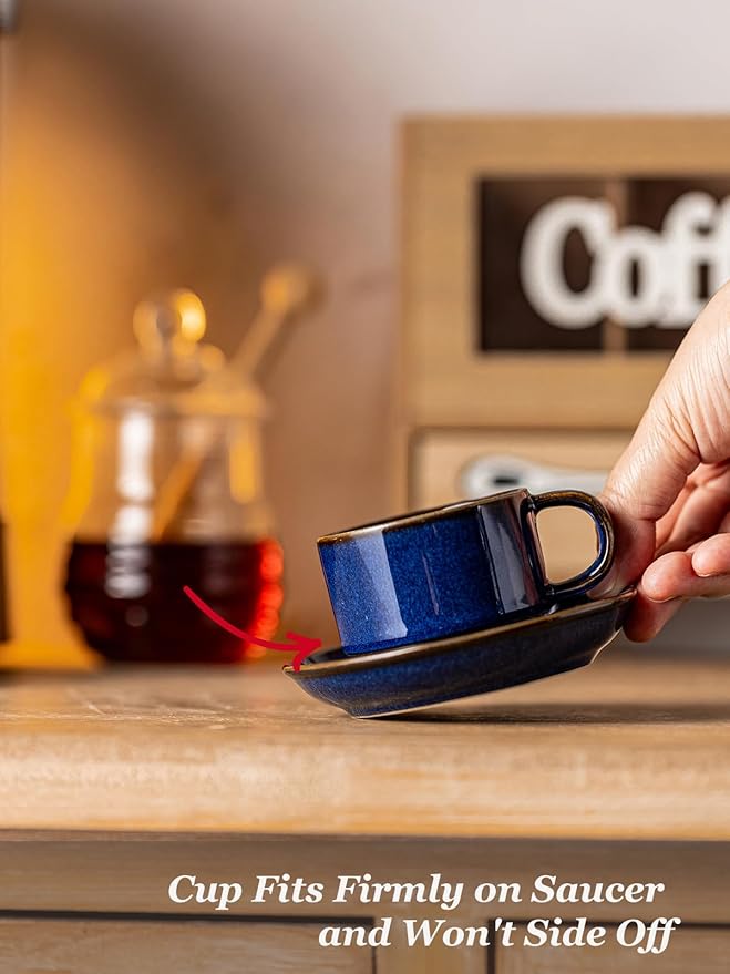 Gomakren 2.5 Ounce Espresso Cups Set of 4, Small Stackable Coffee Cups with Saucers and Metal Stand, Porcelain Demitasse Cups for Specialty Coffee Drinks, Espresso, Cappuccino, Latte, Tea, Cobalt Blue