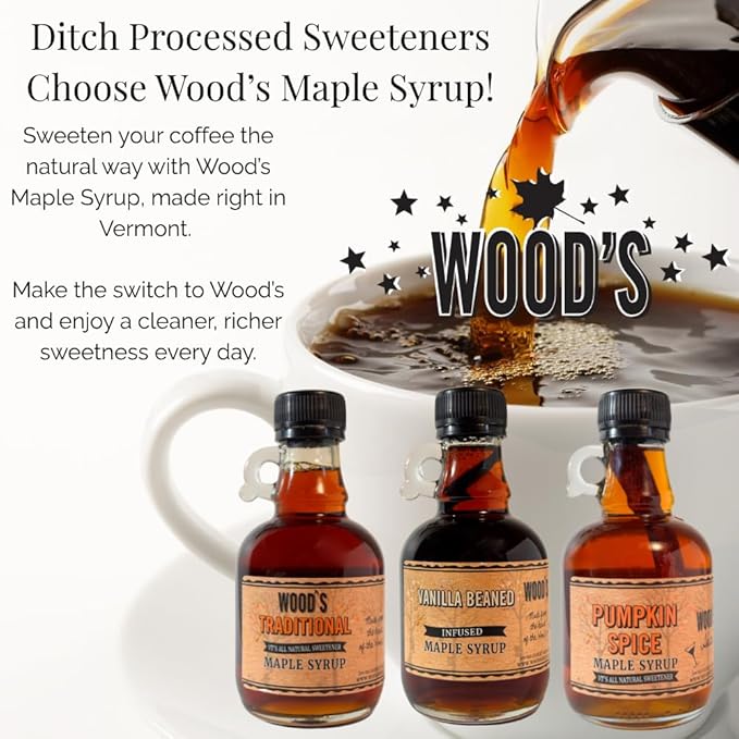 Wood’s Vermont Apple Pie Maple Syrup – Infused Vermont Maple Syrup with Warm Spices & Real Apple Flavor | Small-Batch, Vegan Natural Sweetener | Perfect for Pancakes, Ice Cream, Cocktails & Baking | 8.45 Fl Oz (250mL)
