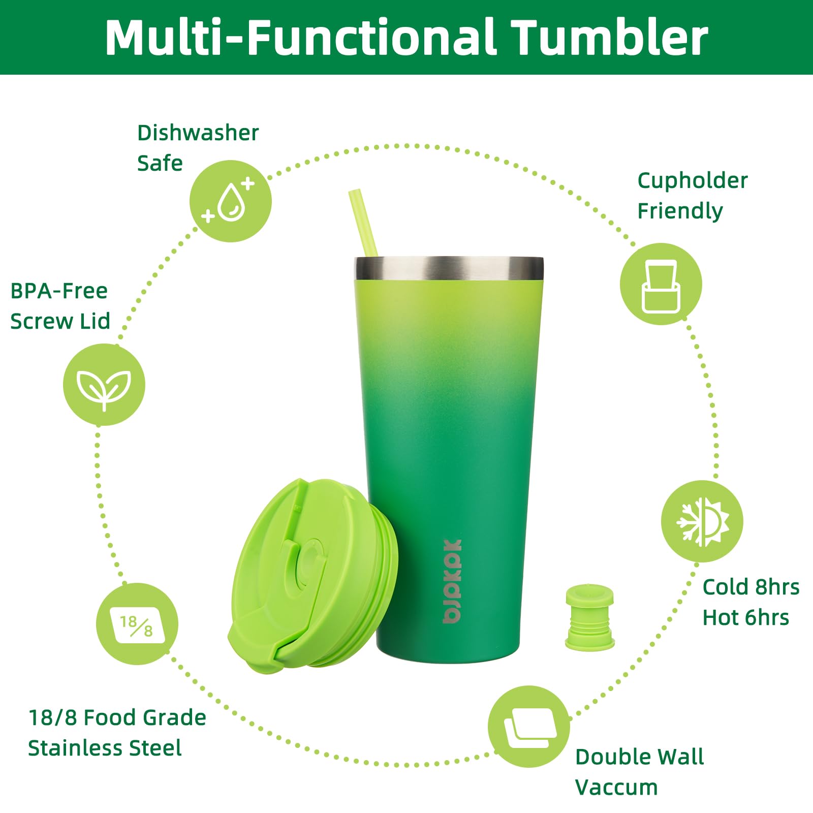 BJPKPK 22 oz Coffee Tumbler with Straw, Insulated Stainless Steel Cup