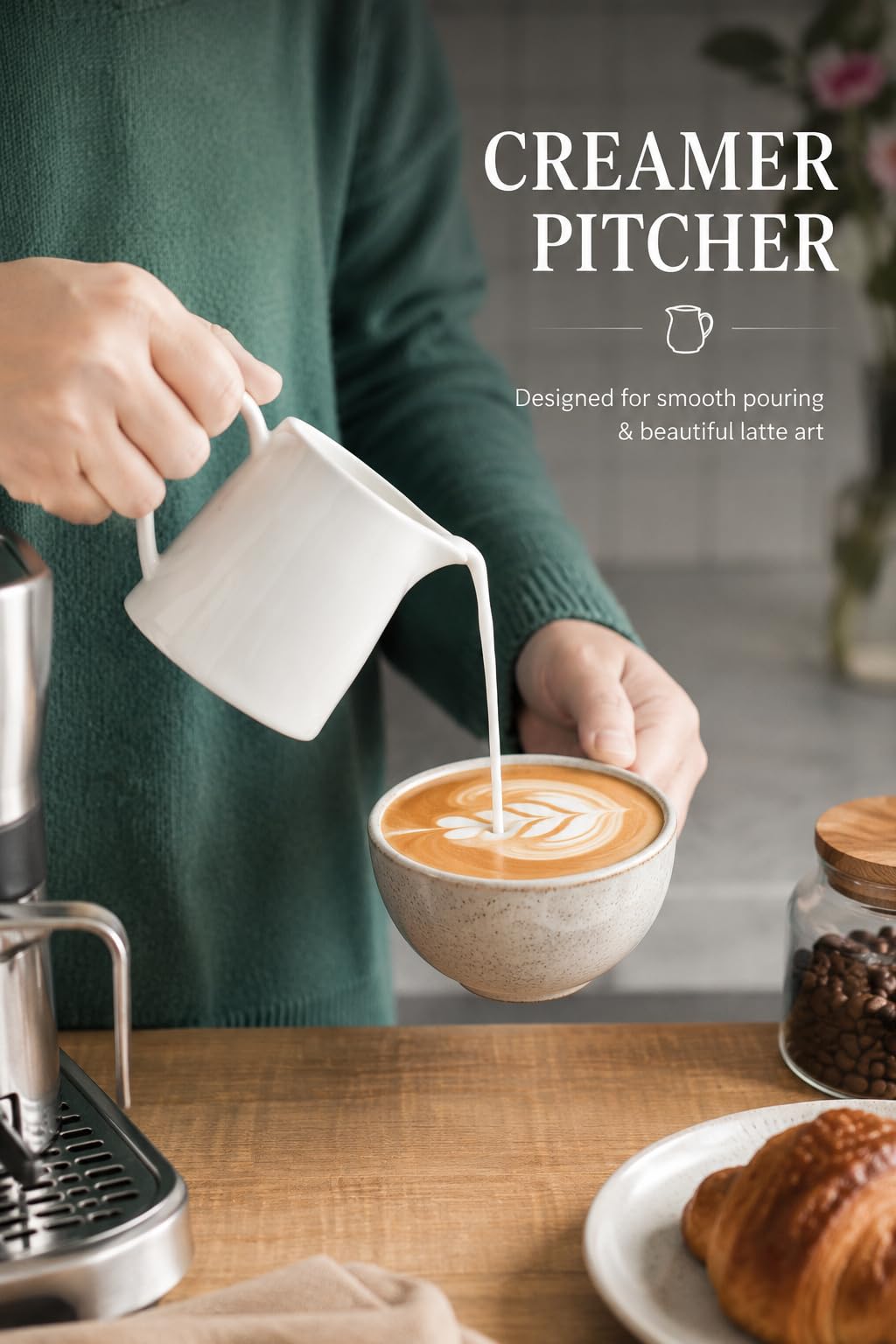 Creamer 9 OZ Creamer Pitcher, White Creamer with Handle, Porcelain Small Milk Pitcher, Coffee Farmhouse Kitchen Accessory