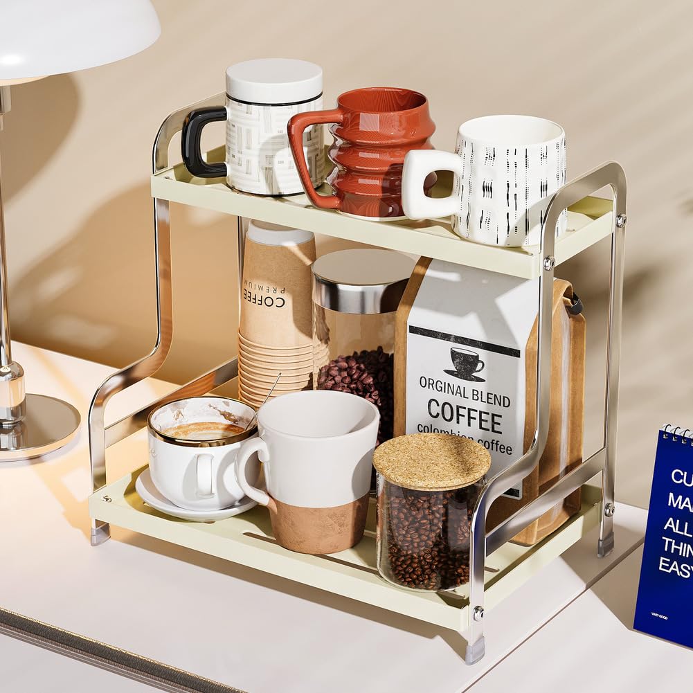 KISKIS Coffee Mug Cup Holder Space Saving 2-Tier Sturdy Stable Metal Storage Shelf, Prevent Falling Scratch Resistant Kitchen Rack Office Bathroom Desktop Organizer,Black+sliver