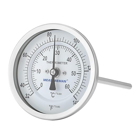 MEASUREMAN Homebrew Bi-Metal Thermometer, 3" Dial, 6" Lead-Free Brass Stem, Range 32-140 deg F/0-60 deg C, 2% Accuracy, Adjustable, 1/2" NPT Back Mount