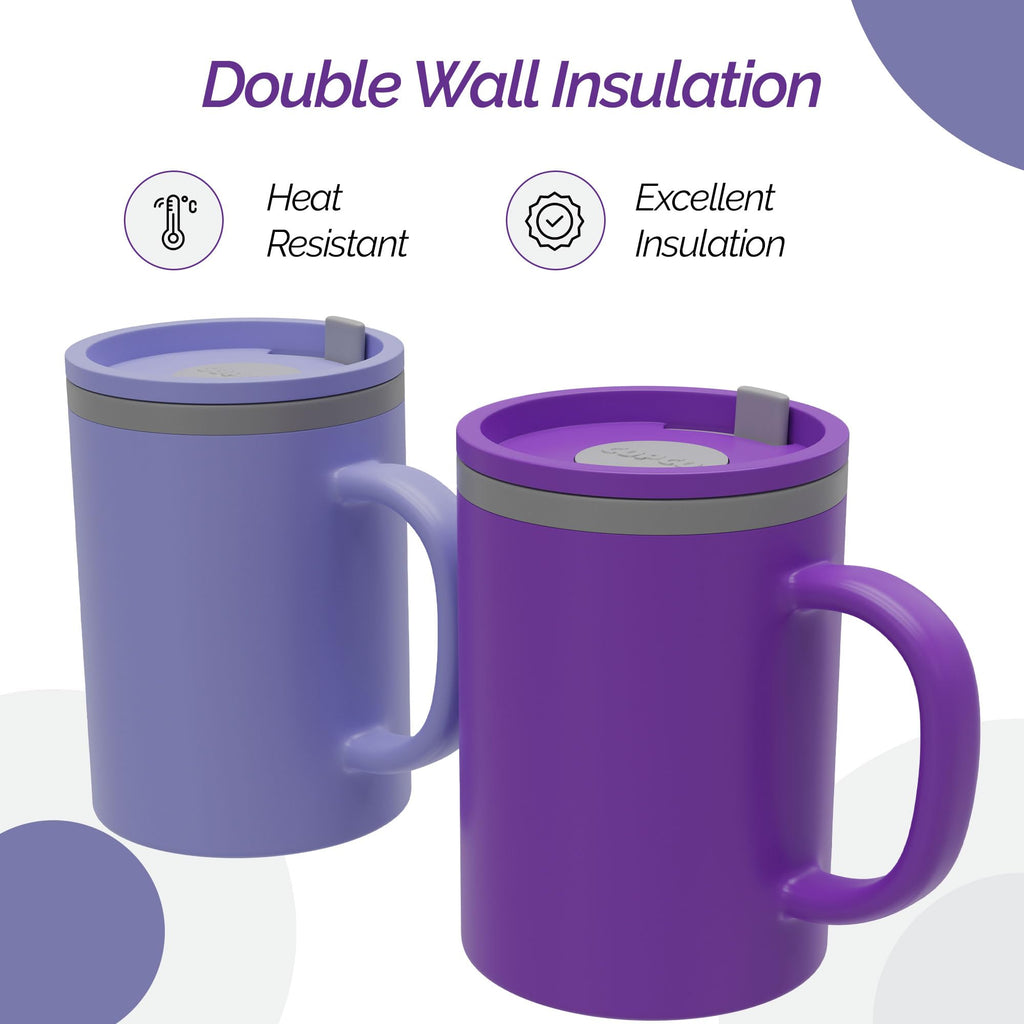 Copco Iconic 16oz Double Wall Insulated Desk Mug with Lid & Handle, Set of 2, BPA-Free Reusable Plastic, Spill-Resistant, Microwave & Dishwasher Safe, Wide Mouth (Purple/Light Purple)