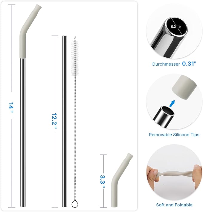 Metal Straw with Silicone Tip for 40oz Stanley Cup, 2 Pcs Stainless Steel Straws Replacement for Stanley 40 oz Adventure Quencher Travel Tumbler Cup, 1 Straw Brush (Cream Grey)