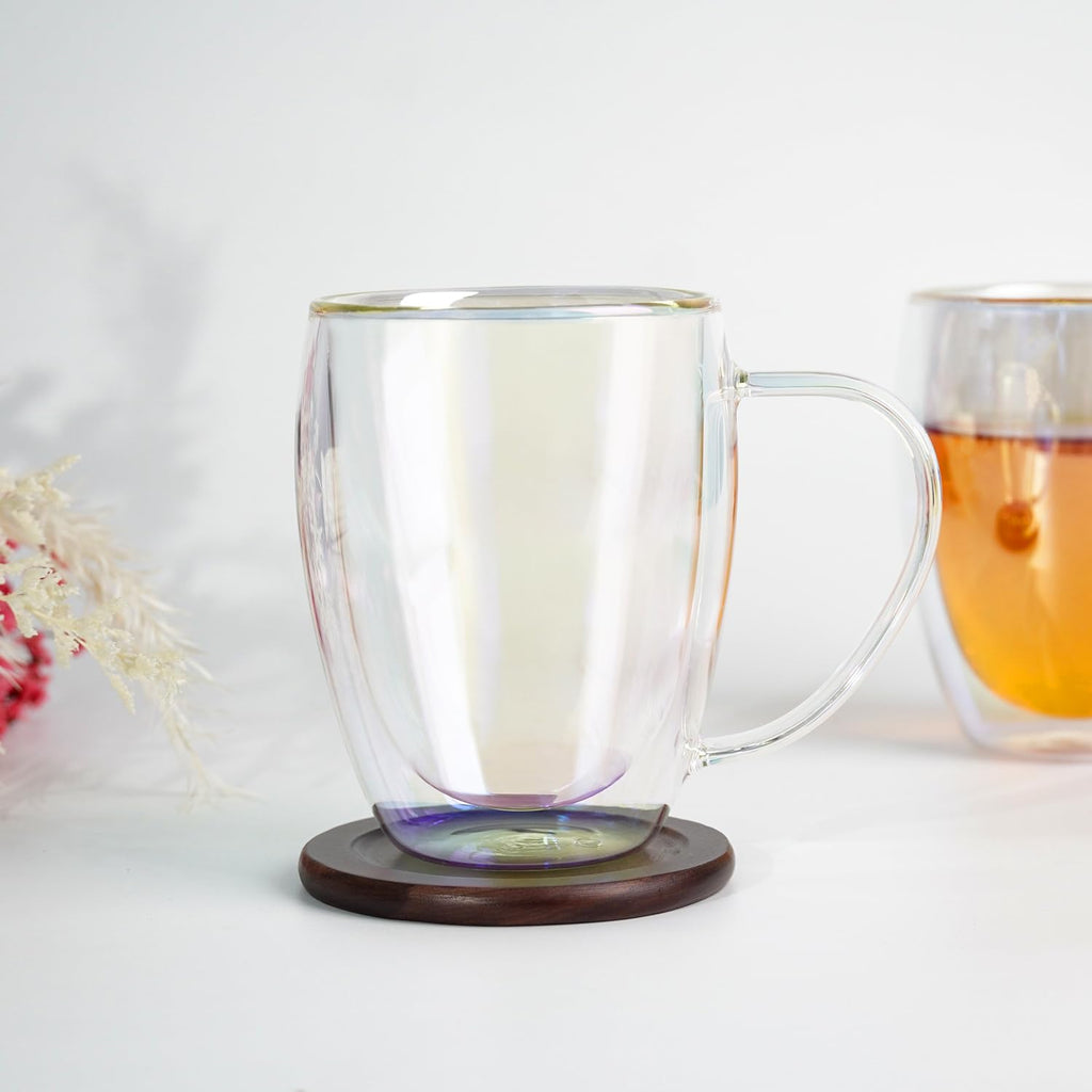 GOROGILE Double Walled Glass Coffee Mugs 12 OZ, Set of 2 Iridescent Glass Cups With Handle Perfect for Espresso, Cappuccino, Latte, Americano, Tea Bag, Beverage