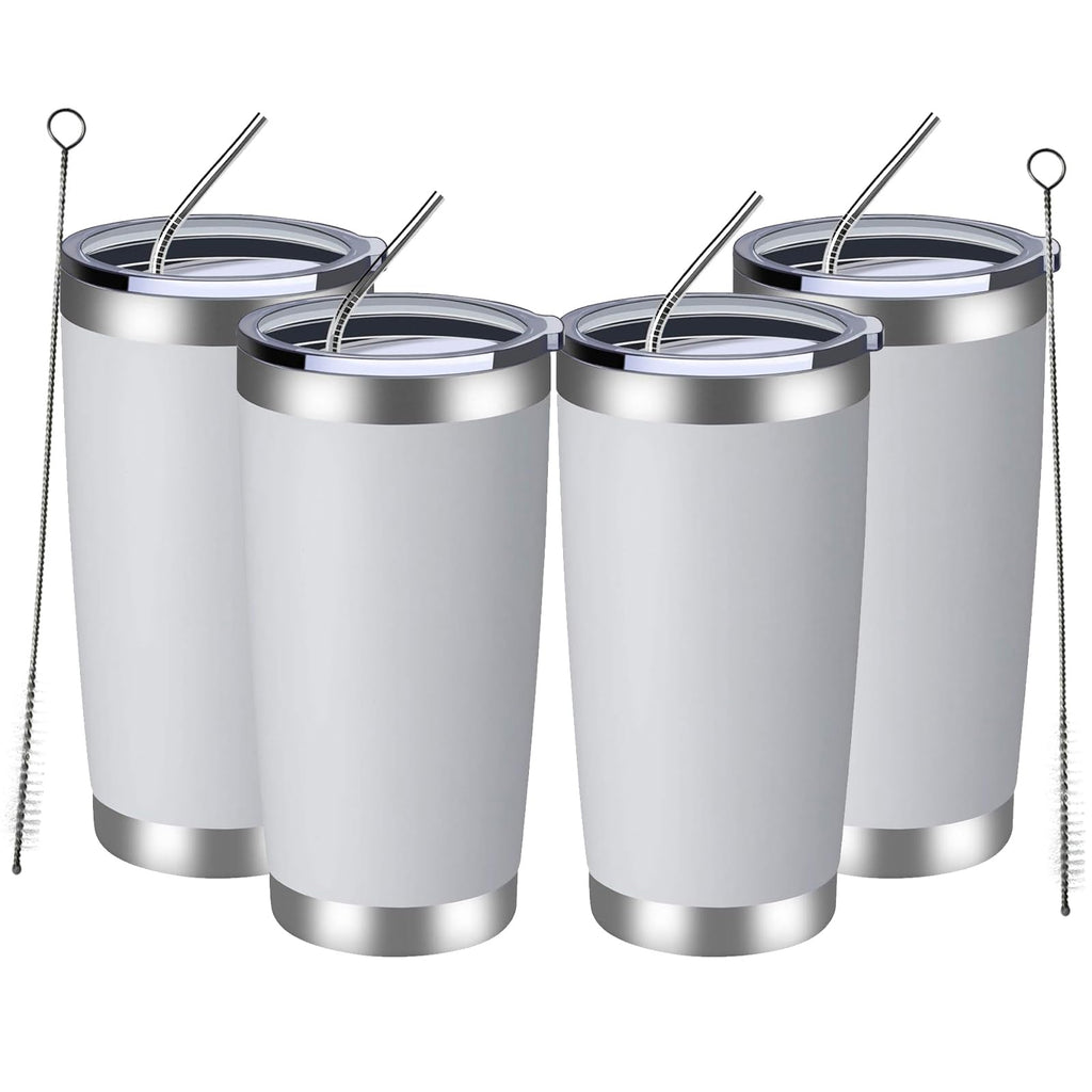 MEWAY 20oz Tumbler 4 Pack Double Wall Vacuum Insulated Travel Mug Bulk, Stainless Steel Tumblers with Lid and Straw, Durable Powder Coated Coffee Cups for Cold & Hot Drinks (White, 4)