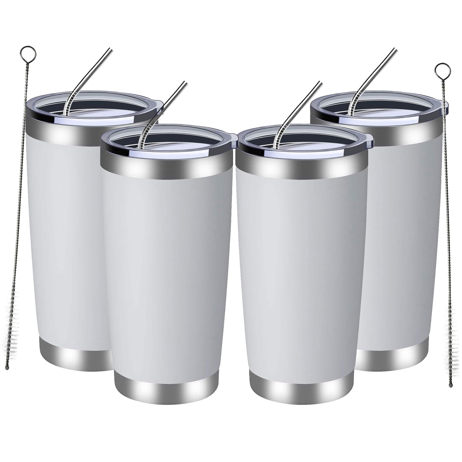 MEWAY 20oz Tumbler 4 Pack Double Wall Vacuum Insulated Travel Mug Bulk, Stainless Steel Tumblers with Lid and Straw, Durable Powder Coated Coffee Cups for Cold & Hot Drinks (White, 4)