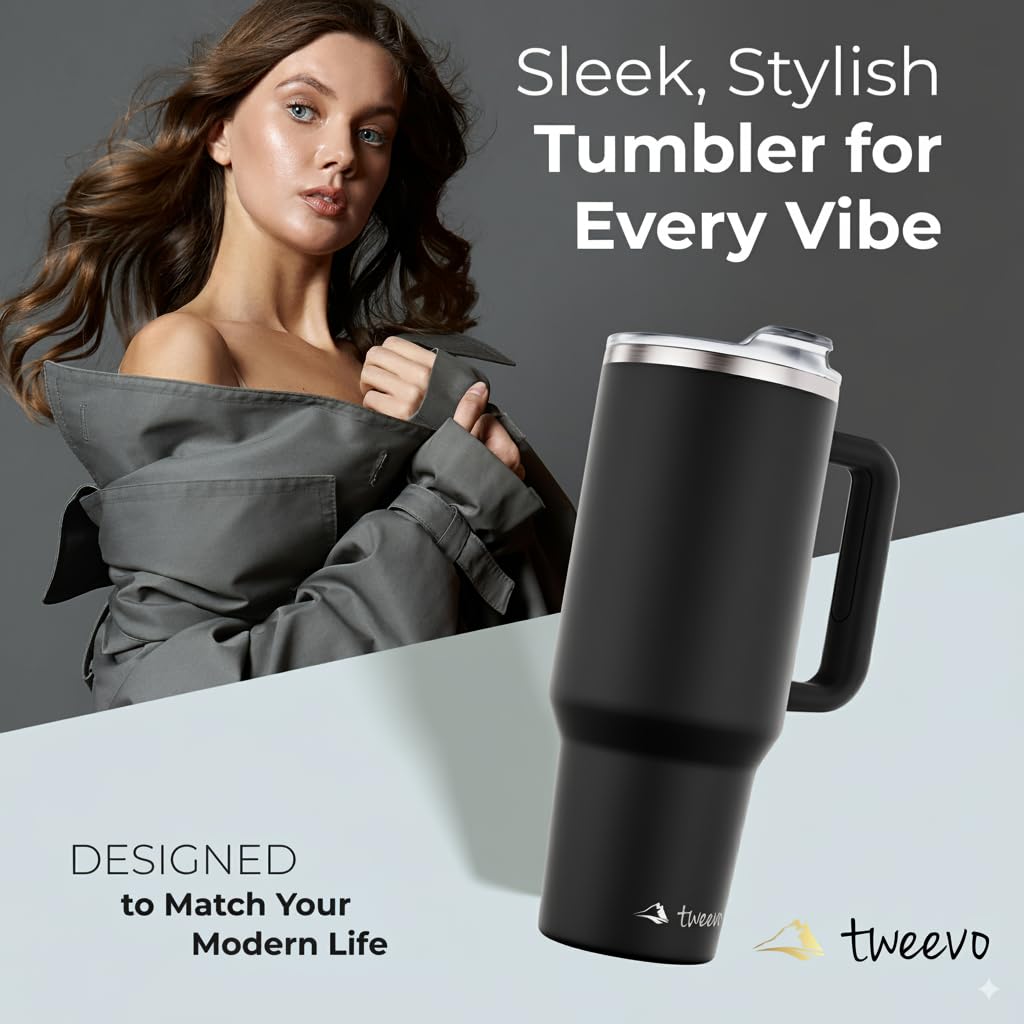 tweevo 40 oz Tumbler With Handle and Straw Made of Stainless Steel - Double Wall Vacuum Insulated Tumbler With Lid - Sweat Proof Easy Grip, BPA-Free, Dishwasher Safe Tumbler (Black)