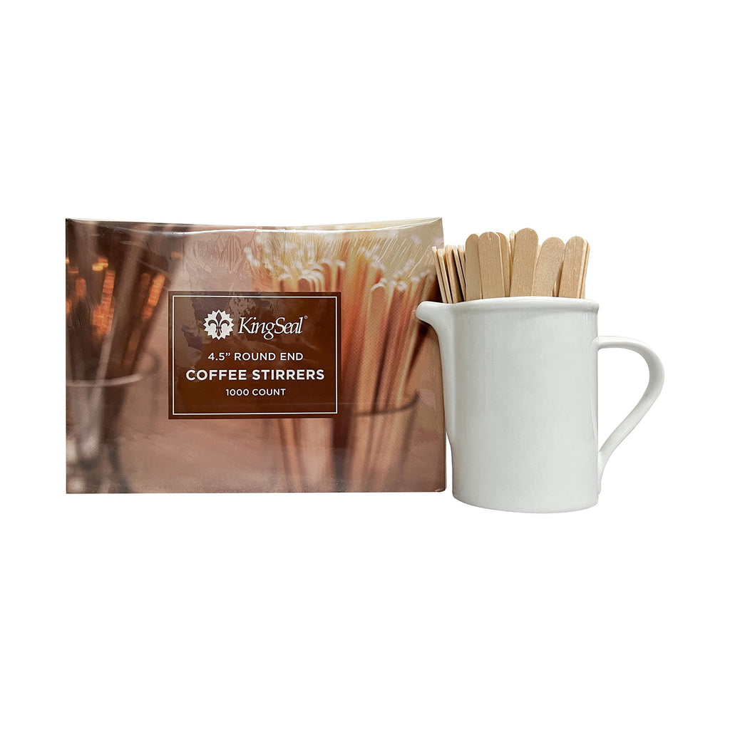 10,000 Count | KingSeal Natural Birch Wood Coffee Beverage Stirrers, Stir Sticks, Waxing Sticks, Popsicle Sticks, 4.5 Inches, Round End - 10 Boxes x 1000 Stirrers