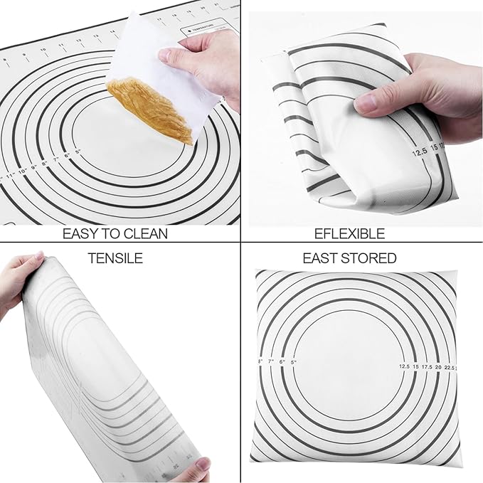 Rolling Pins, Stainless Steel Dough Roller, Rolling Pin and Silicone Baking Pastry Mat Set, Adjustable Rolling Pin with Thickness Rings for Baking Dough, Pizza, Pie, Pastries, Pasta, Cookies(Black)