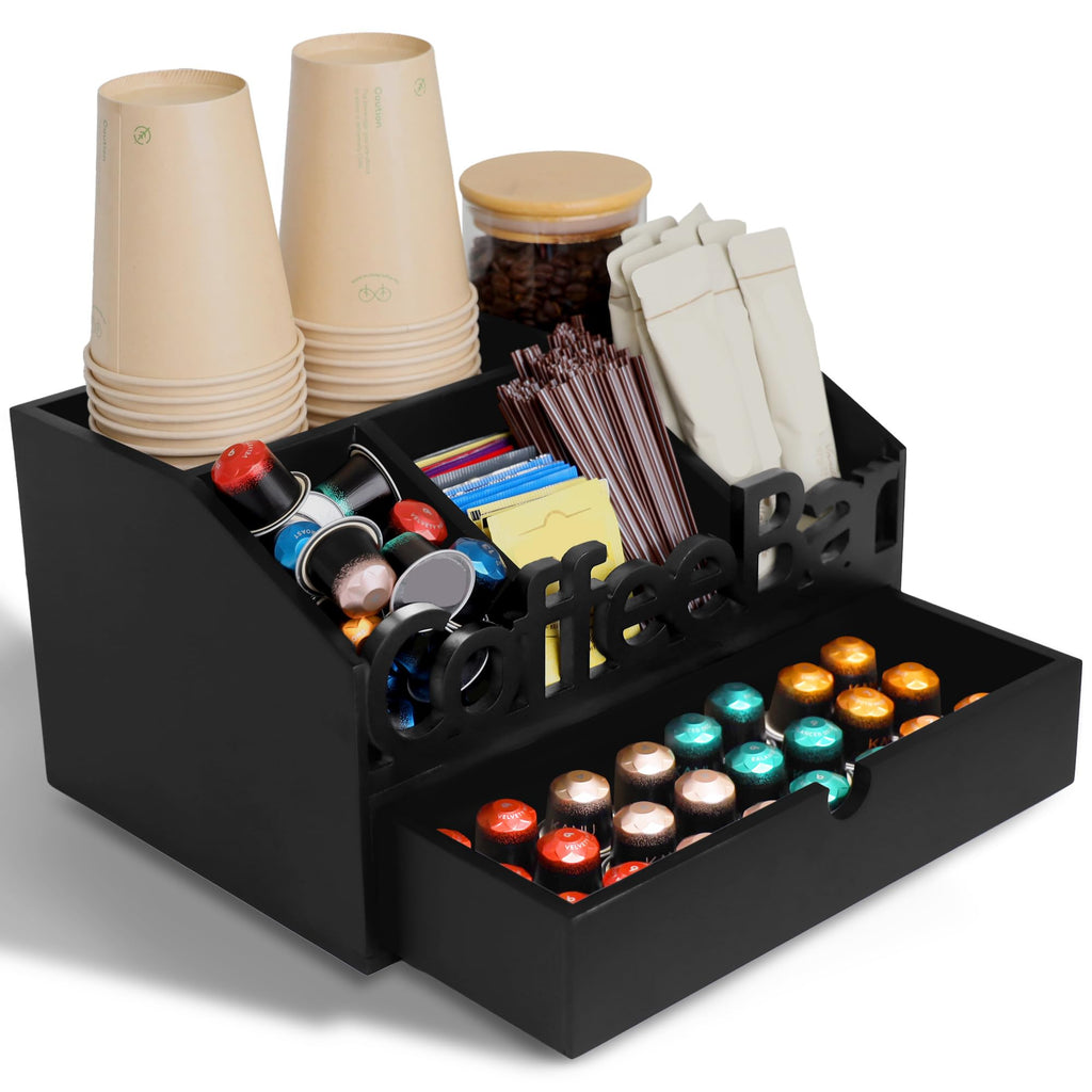 Coffee Bar Organizer Countertop, Wooden Coffee Station with Black Drawer