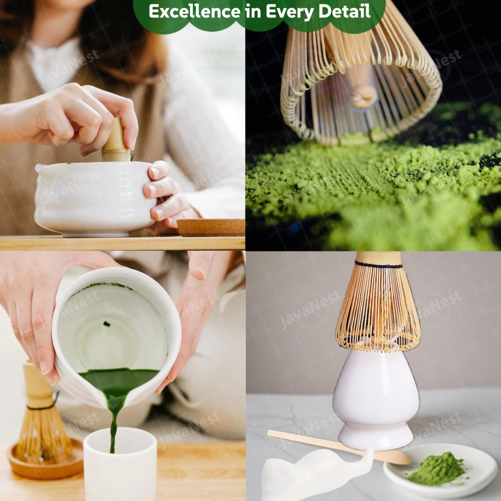 7-Piece Matcha Tea Set with Gift Card – 120-Prong Bamboo Whisk, Ceramic Bowl with Spout, Whisk Holder, Scoop, Spoon, Strainer & Scoop Holder – Ideal Gift for Matcha Lovers (White, 100-Prong)