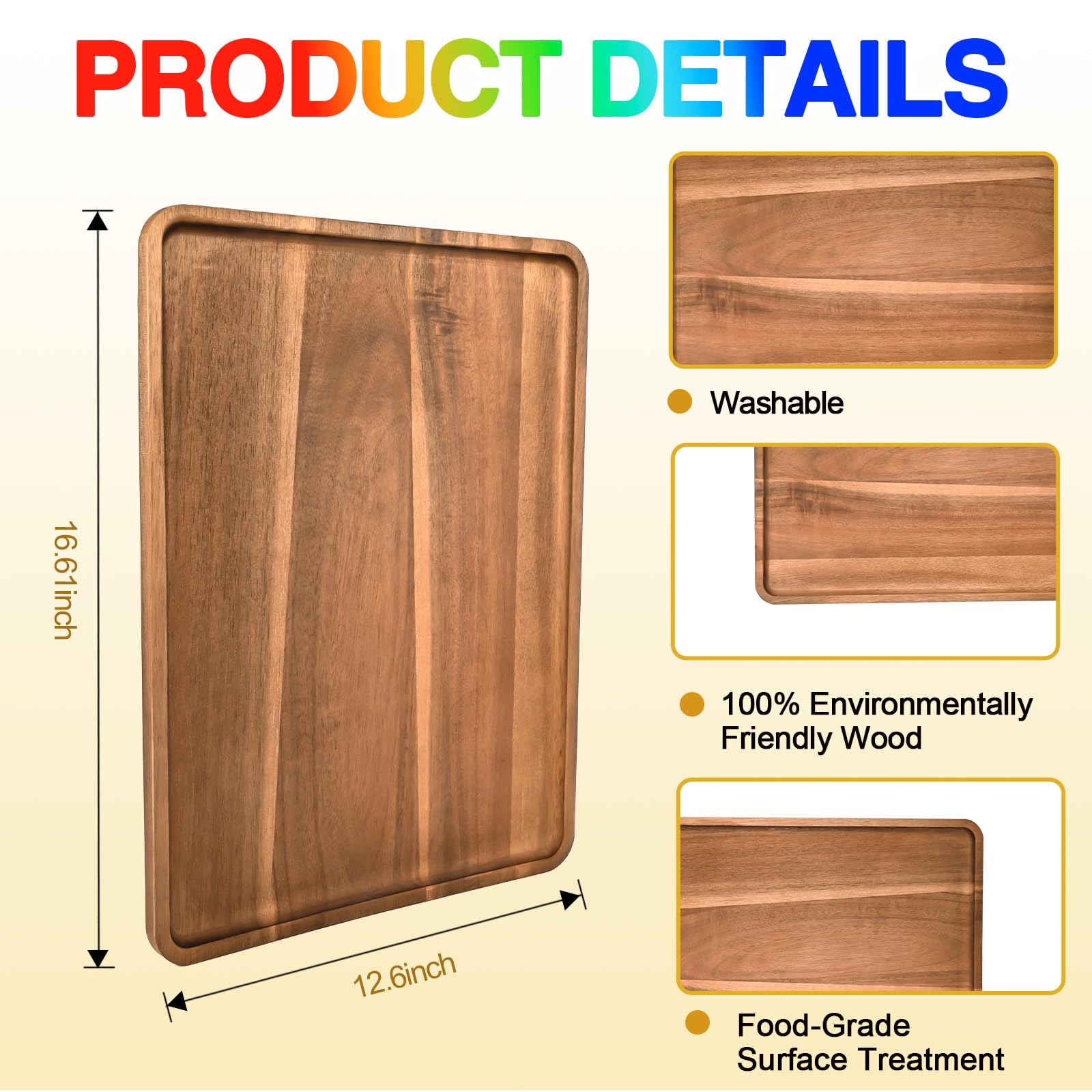 BIEOFFEI 2 Pcs Acacia Wood Serving Tray, Rectangular Wooden Serving Platters Charcuterie Board, Large Wood Kitchen Display Tray for Food, Cookie, Dessert, Fruit, Snack, Vegetable, 16.6" x 12.6" x 0.6"