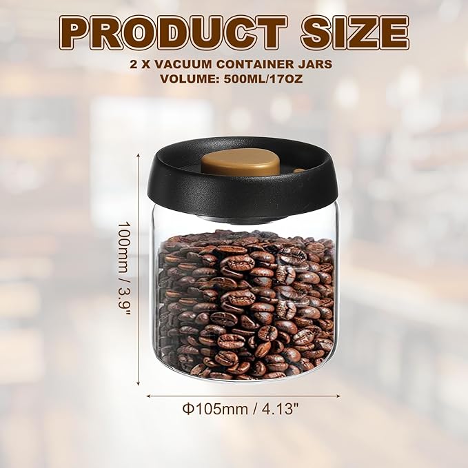 uxcell 2pcs Coffee Vacuum Container, 500ml/17oz Glass Coffee Bean Storage Container with Lids for Spices Biscuits Loose Leaf Tea, Black Gold