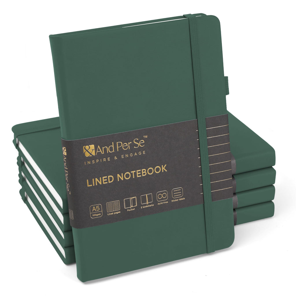 &And Per Se Lined Notebooks Bulk 5-Pack, A5 Hardcover Journal, 160 Pages 100gsm Thick Paper, Classroom Supplies for Students, Teachers, College Ruled Notebooks for School Office (Green)